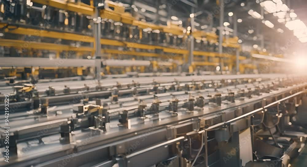 Inside the factory rows of machines are busy ting shaping and assembling pieces of metal into the framework of solar panels 4k animation Inside the factory rows of machines are busy ting shaping and assembling pieces of metal into the framework of solar panels 4k animation