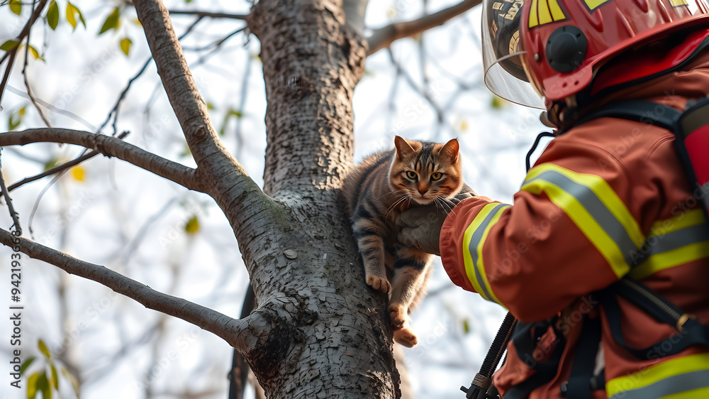 Firefighter saves cat from tree. Generative AI Firefighter saves cat from tree. Generative AI