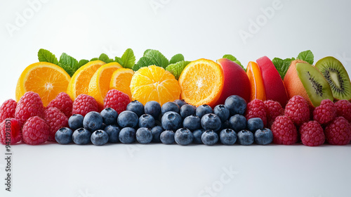 A row of fruit including blueberries, oranges, and kiwis