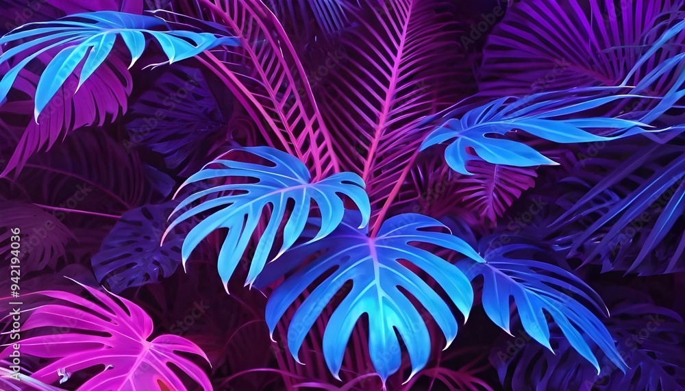 tropical leaves illuminated with neon colors in a dark setting, banner tropical leaves illuminated with neon colors in a dark setting, banner