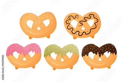 Set of vector hand drawn bavarian pretzels with chocolate, pistachio, strawberry frosting and sprinkles. Vector illustrated bakery product,  pretzel pastry set. Isolated vector illustration for poster