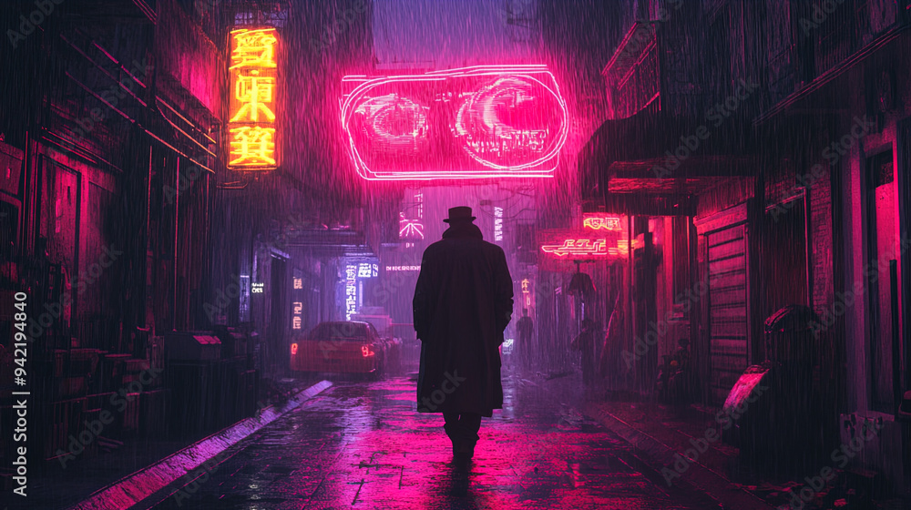 A lone figure walks down a narrow, neon-lit urban alleyway at night under heavy rain. The scene is dominated by vibrant pink and yellow neon signs with some text in a foreign script, casting an eerie, A lone figure walks down a narrow, neon-lit urban alleyway at night under heavy rain. The scene is dominated by vibrant pink and yellow neon signs with some text in a foreign script, casting an eerie,