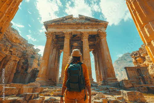 A traveler exploring an ancient city, marveling at the rich history and culture. Concept of historical fascination and cultural appreciation. Generative Ai. photo