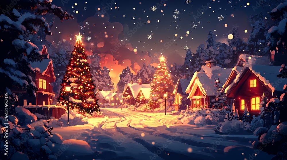 A cozy winter scene with snow-covered houses and decorated Christmas trees under falling snow. A cozy winter scene with snow-covered houses and decorated Christmas trees under falling snow.