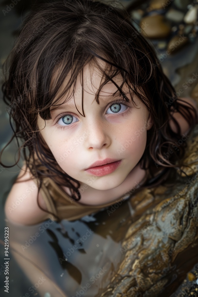 A child with bright blue eyes explores a tide pool, engaging with marine life among the rocks on a warm, sunny day by the ocean A child with bright blue eyes explores a tide pool, engaging with marine life among the rocks on a warm, sunny day by the ocean