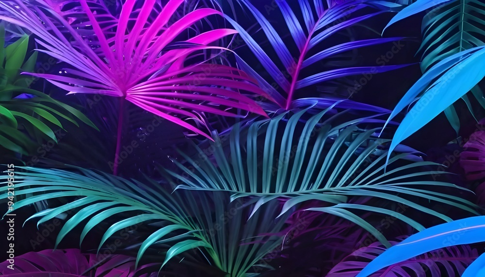 tropical leaves illuminated with neon colors in a dark setting, banner tropical leaves illuminated with neon colors in a dark setting, banner