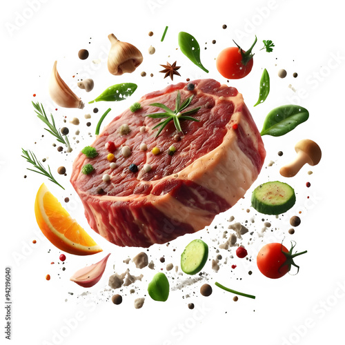 Steak et ingrédients volant tombant