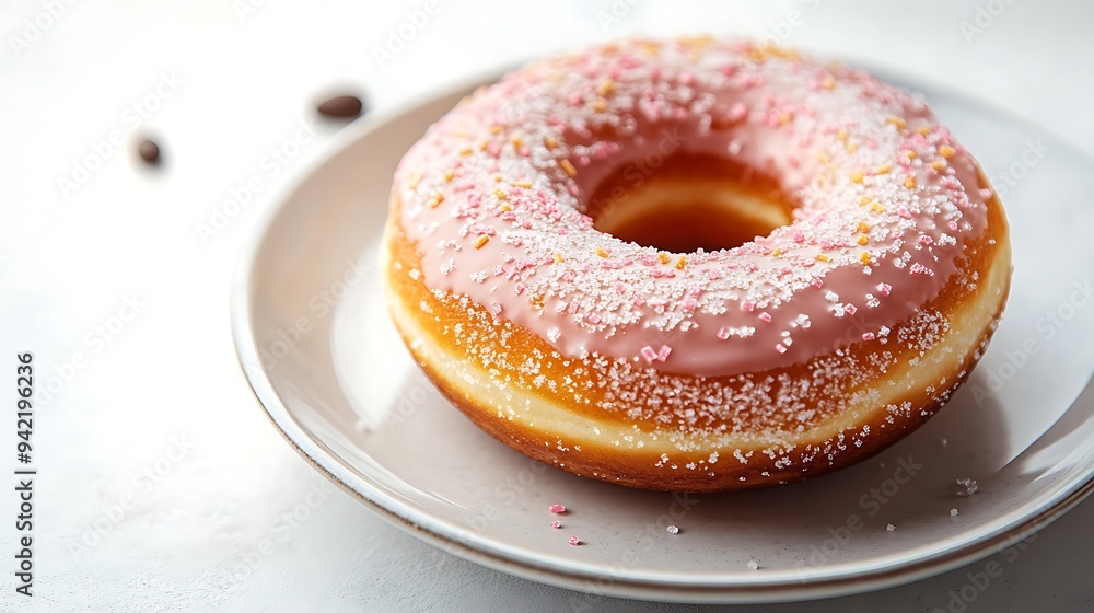 Pink glazed donut with sprinkles on a white plate. Pink glazed donut with sprinkles on a white plate.