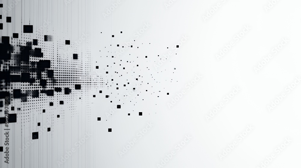 Abstract digital design with scattered black squares on a light background. Abstract digital design with scattered black squares on a light background.