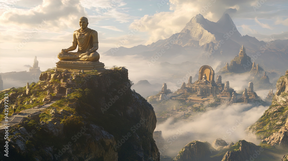 A majestic and serene landscape featuring a massive, golden statue of a meditating figure that sits atop a high, rocky cliff surrounded by lush greenery. Stone steps lead up to the statue, which overl A majestic and serene landscape featuring a massive, golden statue of a meditating figure that sits atop a high, rocky cliff surrounded by lush greenery. Stone steps lead up to the statue, which overl