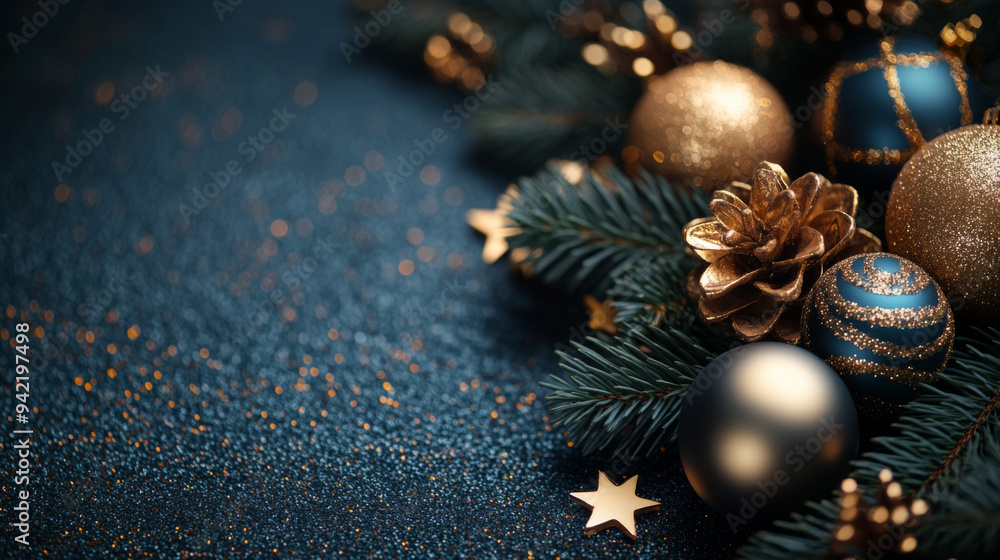 A blue background with gold and blue Christmas decorations A blue background with gold and blue Christmas decorations