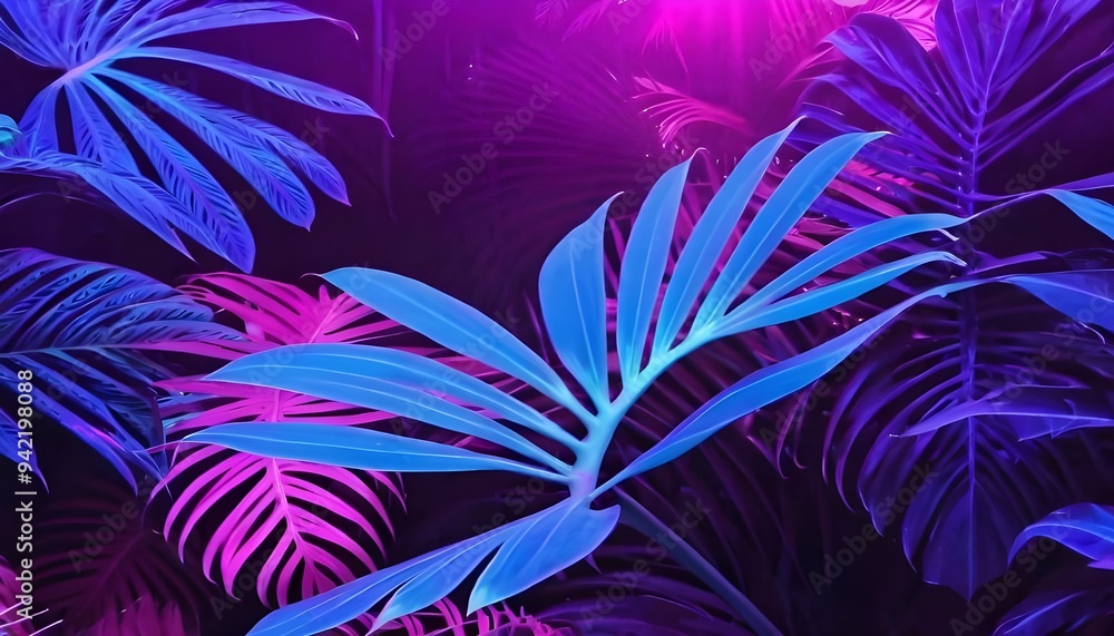 tropical leaves illuminated with neon colors in a dark setting, banner tropical leaves illuminated with neon colors in a dark setting, banner