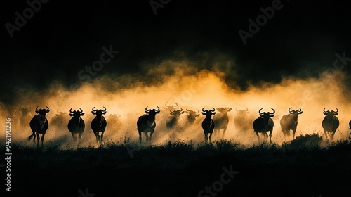   A group of antelopes sprinting over a green field under a sunlit fog