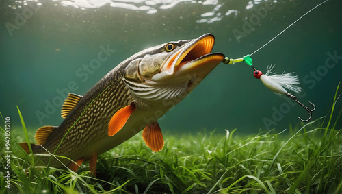 Northern pike freshwater fish striking lure in the lake, water animals and wildlife, nature background, fishing, catch and release	