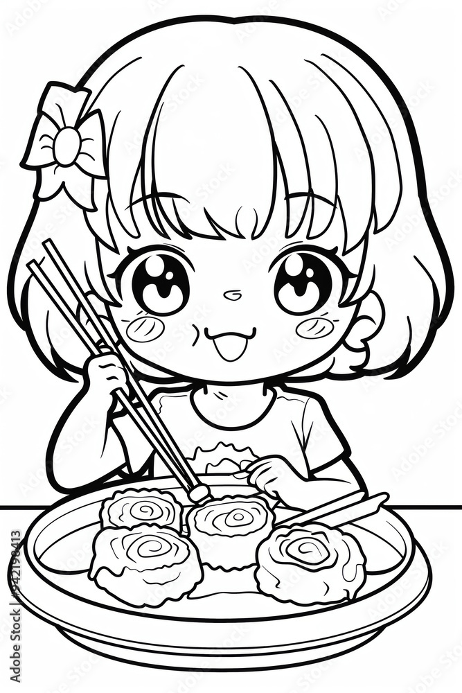 A cheerful girl joyfully eating sushi with chopsticks at a vibrant dining table during a sunny afternoon