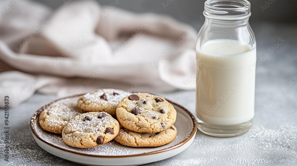 A cozy breakfast scene with milk, cookies, and a warm gray background for a peaceful morning. A cozy breakfast scene with milk, cookies, and a warm gray background for a peaceful morning.