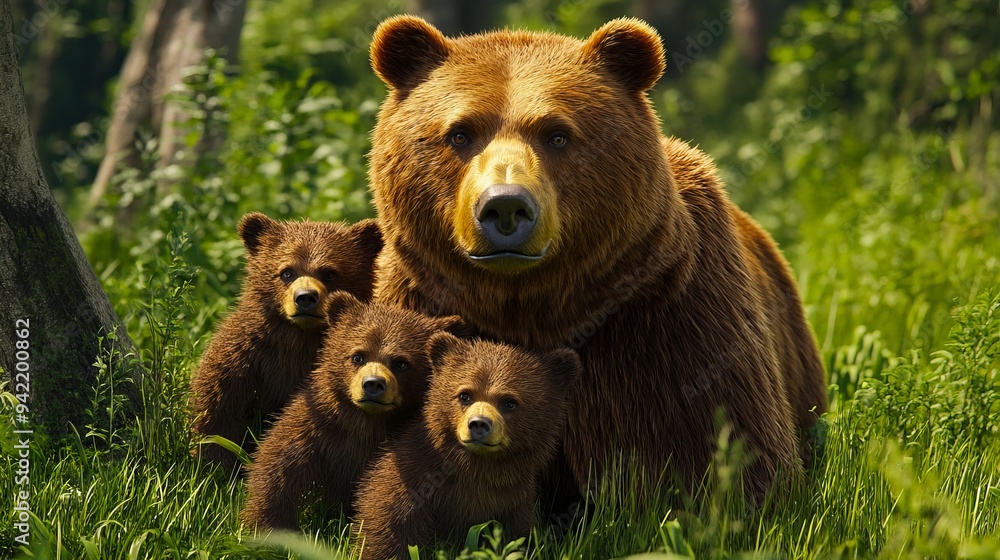 A large brown bear and two small brown bears in a grassy field A large brown bear and two small brown bears in a grassy field
