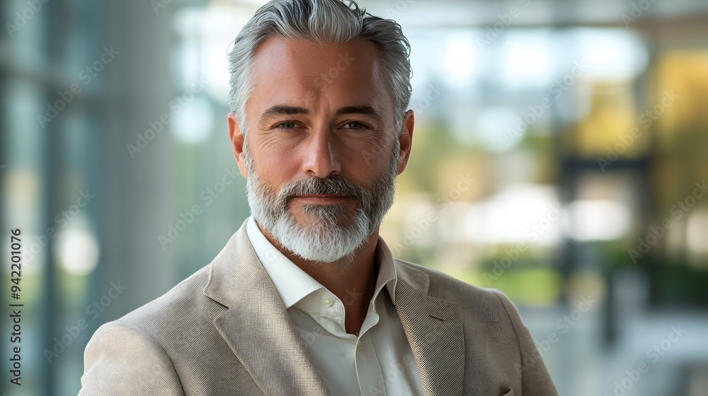 Fototapeta premium Mature executive in a beige suit standing in a bright, modern office