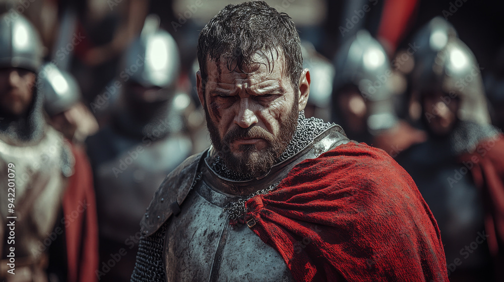A man in a red cape stands in front of a group of knights A man in a red cape stands in front of a group of knights