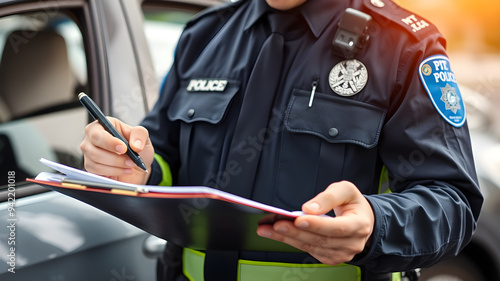 Close-up of traffic police officer writing a ticket. Generative AI
