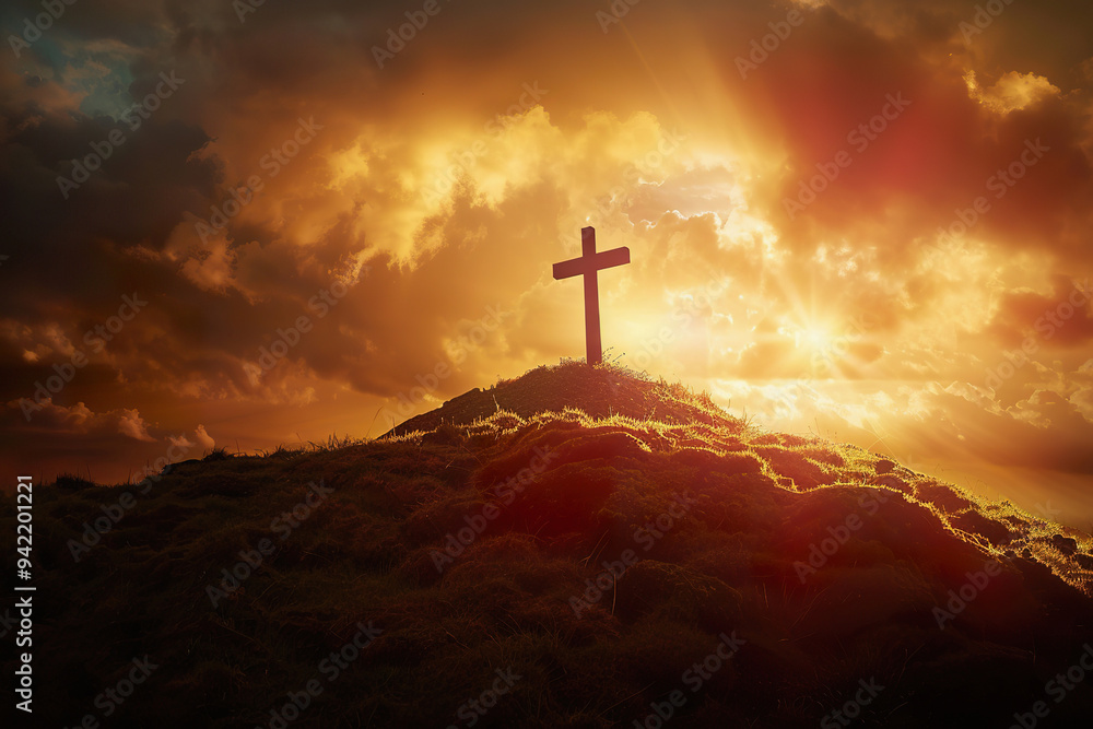 Majestic cross on a hill against a vibrant sunset, symbolizing faith and hope Majestic cross on a hill against a vibrant sunset, symbolizing faith and hope