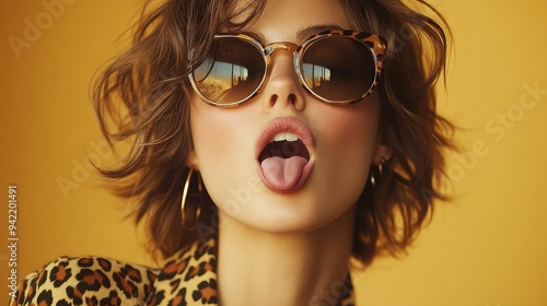 Playful Woman in Leopard Print Shirt and Sunglasses Sticking Out Tongue: Fun and Quirky Portrait Capturing Joy and Personality