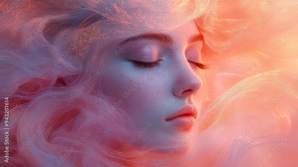 Abstract Image of a Woman’s Face Obscured by a Swirl of Pink and Gold, Capturing a Dreamy and Ethereal Quality with Soft, Flowing Colors Abstract Image of a Woman’s Face Obscured by a Swirl of Pink and Gold, Capturing a Dreamy and Ethereal Quality with Soft, Flowing Colors