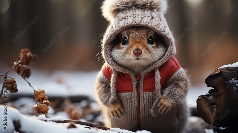 Chipmunk in snow with winter clothes like Santa Claus.. Christmas style hat and sweater. Funny animals in winter. Chipmunk in snow with winter clothes like Santa Claus.. Christmas style hat and sweater. Funny animals in winter.