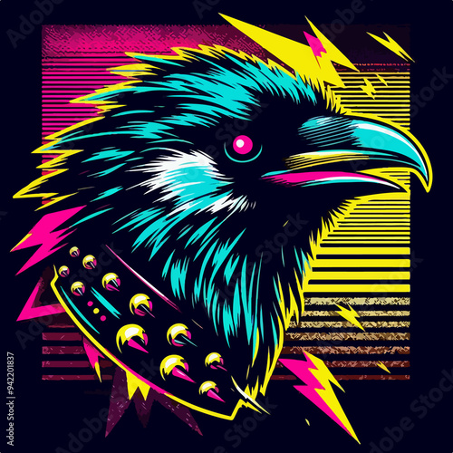 Raven Silhouette in Neon Colors, Vector-style with Grungy Print. Rebellious Sticker Design Featuring Intense Colors, Abstract Grunge Background, and Raw, Gritty Punk Rock Aesthetics. Flat colors photo