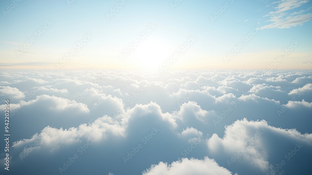 Sun pierces blue sky, casting white fluffy clouds on foreground Sun pierces blue sky, casting white fluffy clouds on foreground