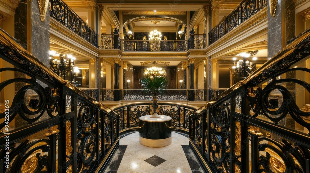 Fototapeta premium Luxurious interior with intricate Italian wrought iron design and elegant chandeliers in a grand hall.