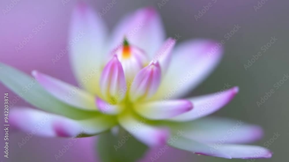 Softly focused purple and white flower with delicate petals and a glowing center, captured in gentle lighting. Softly focused purple and white flower with delicate petals and a glowing center, captured in gentle lighting.