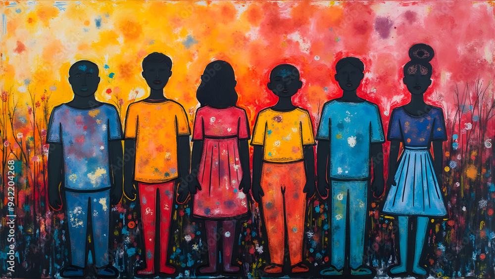 A vibrant group of diverse people seen from behind, standing together in a colorful field with a sunset background. Unity and togetherness concept, ideal for diversity-related projects.
A vibrant group of diverse people seen from behind, standing together in a colorful field with a sunset background. Unity and togetherness concept, ideal for diversity-related projects.