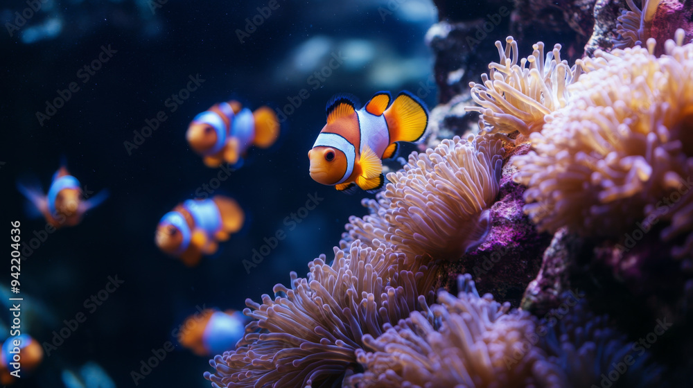 A group of fish swimming in a tank with a coral reef background A group of fish swimming in a tank with a coral reef background