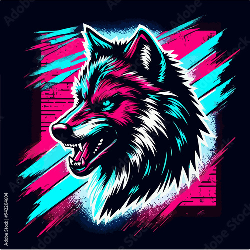 Wolf Silhouette in Neon Colors, Vector-style with Grungy Print. Rebellious Sticker Design Featuring Intense Colors, Abstract Grunge Background, and Raw, Gritty Punk Rock Aesthetics. Flat colors photo