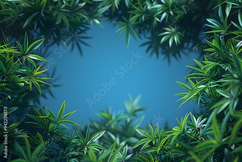 Lush Green Foliage Frame Against Blue Sky - Nature Background Concept for Design, Poster, or Print