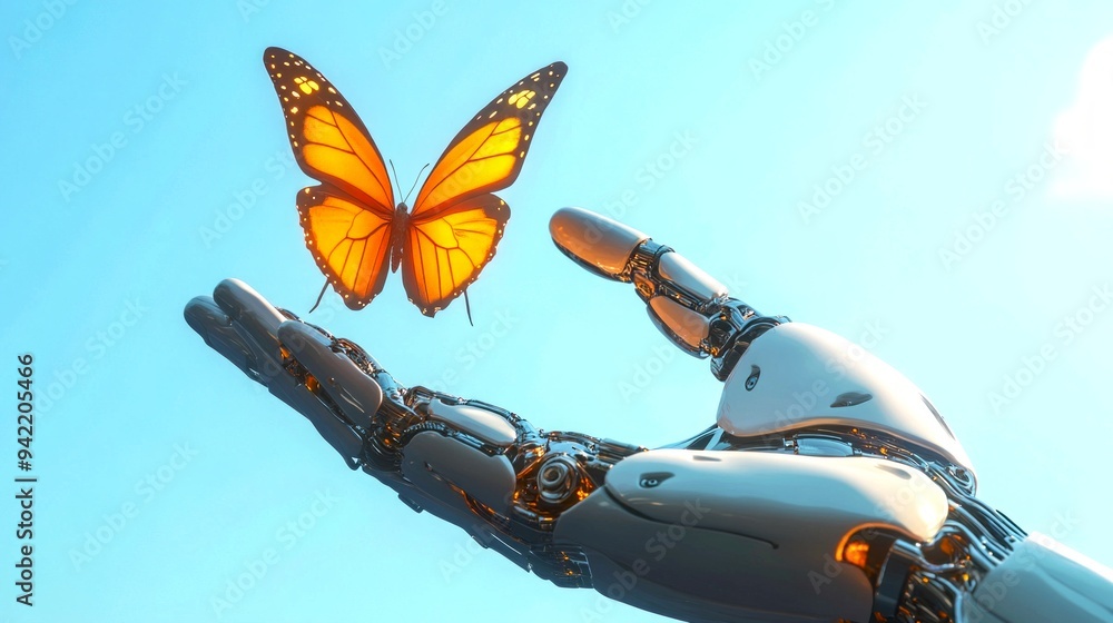 Naklejka premium A futuristic robotic hand gently holds a vibrant butterfly. This striking image blends technology and nature beautifully. Perfect for showcasing innovation. AI