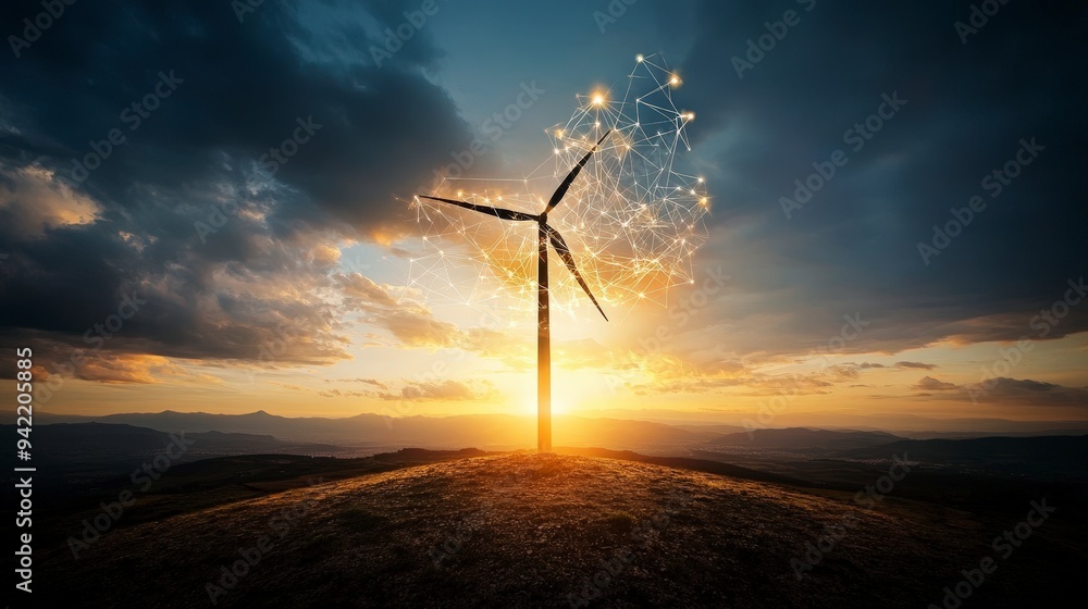 Obraz premium A wind turbine silhouette stands on a grassy hill against a dramatic sunset sky, overlaid with a glowing digital network graphic representing clean energy.