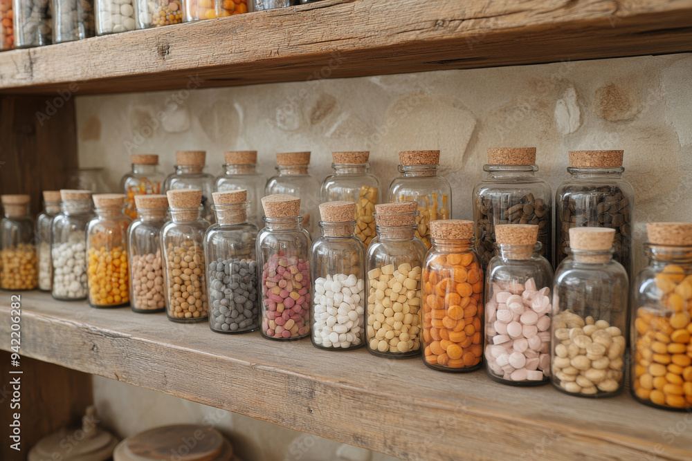 A shelf full of glass jars with different colored pills inside A shelf full of glass jars with different colored pills inside