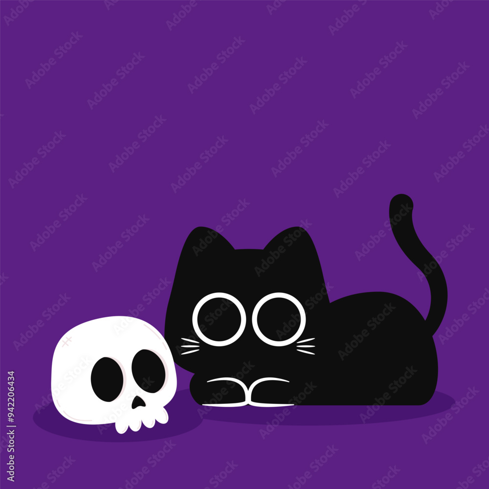 Cute Black cat. Halloween black cat and skull on purple background. Cute Black cat. Halloween black cat and skull on purple background.