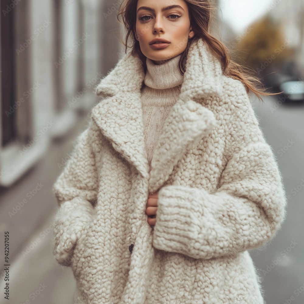 woman wearing oversized knit coat in the city woman wearing oversized knit coat in the city