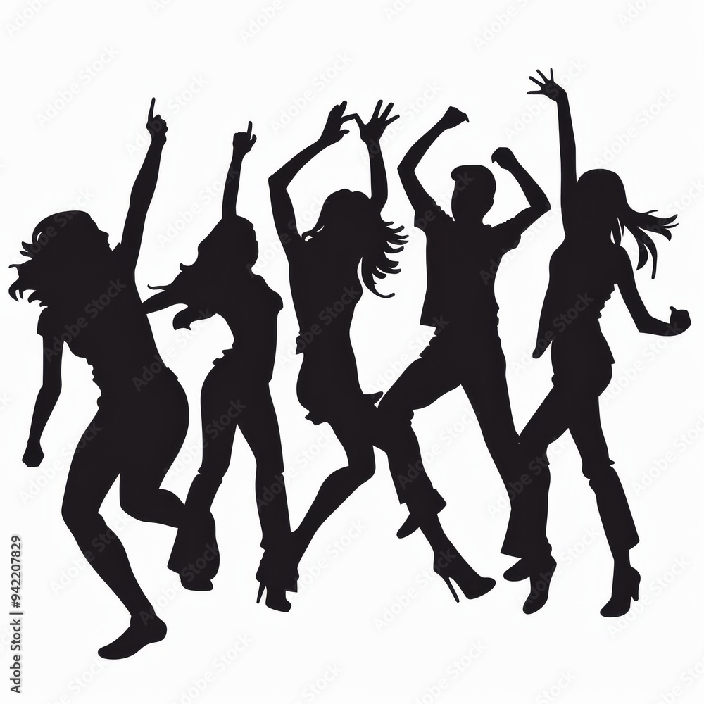 Fototapeta premium A dynamic silhouette of a group of energetic young people dancing with hands and arms raised in the air, celebrating together against a white background