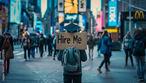 A graduate wearing a cap stands in a lively city street, holding a 'Hire Me' sign. The scene captures the challenges of job hunting in a bustling urban environment.