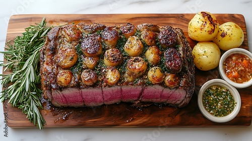 Seared beef tenderloin with roasted potatoes, scallops, and two dipping sauces on a wooden board. photo