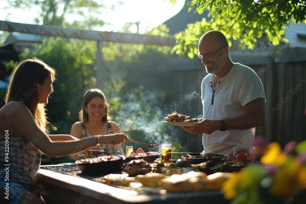 A family enjoys a barbecue in the backyard, grilling food and enjoying the warm weather A family enjoys a barbecue in the backyard, grilling food and enjoying the warm weather