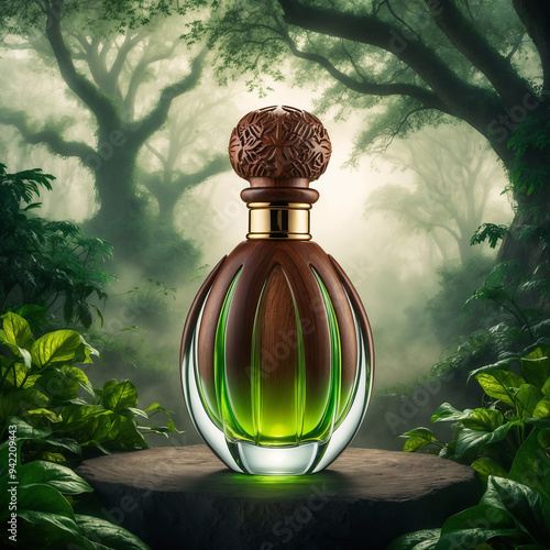 Oud Perfume bottle with agar wood concept photo