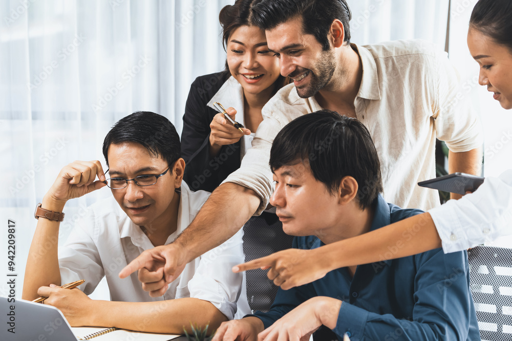 Group of diverse office worker employee working together on strategic business marketing planning in corporate office room. Positive teamwork in business workplace concept. Prudent Group of diverse office worker employee working together on strategic business marketing planning in corporate office room. Positive teamwork in business workplace concept. Prudent