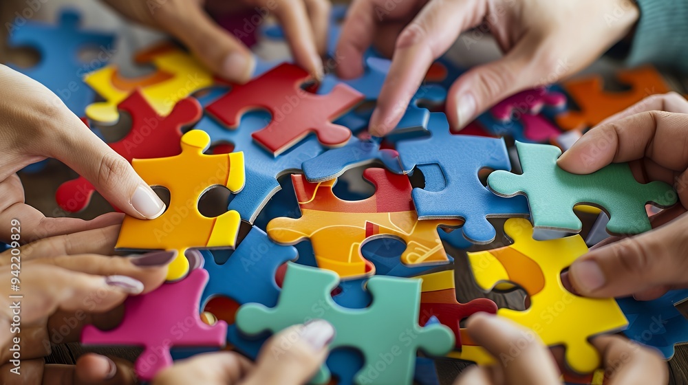 A group of hands assembling colorful jigsaw puzzle pieces together. A group of hands assembling colorful jigsaw puzzle pieces together.