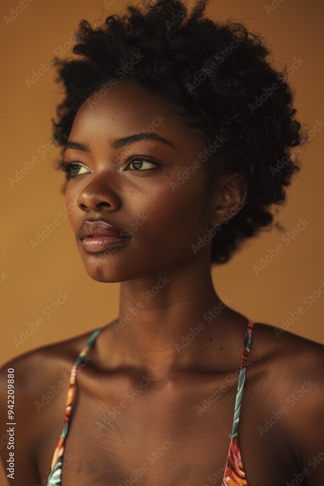 A woman wearing a bikini top looks away from the camera, possibly lost in thought A woman wearing a bikini top looks away from the camera, possibly lost in thought