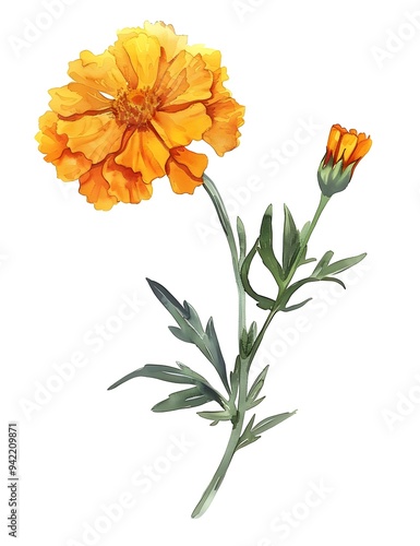 A vibrant watercolor illustration of a marigold flower with lush green leaves and a budding flower. Perfect for botanical art, nature themes, and floral decoration.